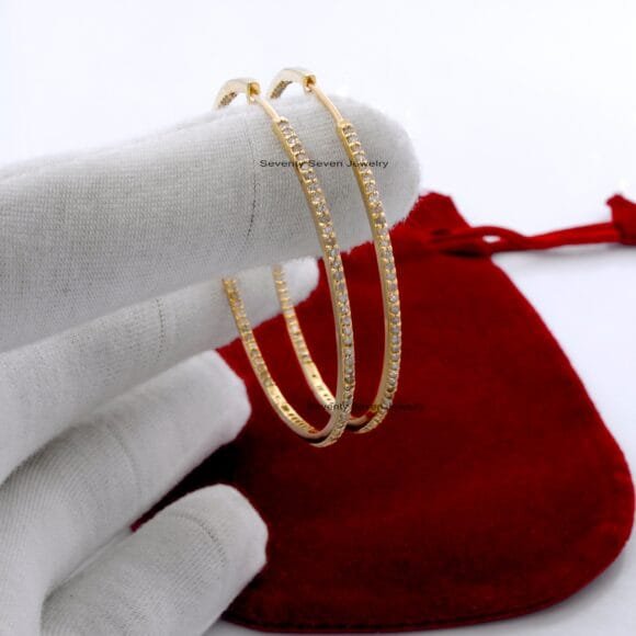 Large Round Hoop Earrings, Pave Diamond Hoop 14K Gold Earrings - Image 6