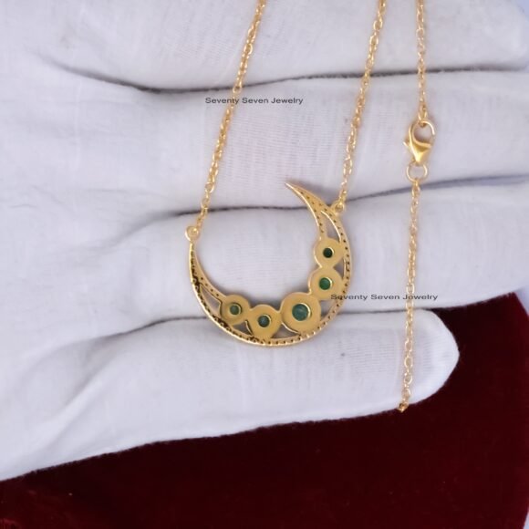 Diamond Crescent Moon Pendant Necklace, Emerald Gemstone Half Moon Pendant Necklace - Image 4