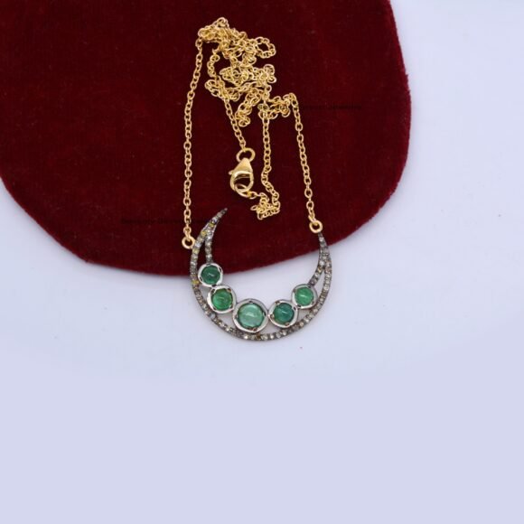 Diamond Crescent Moon Pendant Necklace, Emerald Gemstone Half Moon Pendant Necklace - Image 5