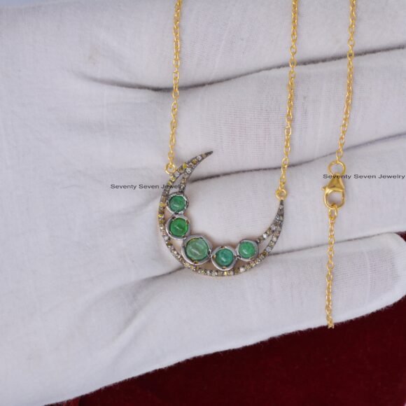 Diamond Crescent Moon Pendant Necklace, Emerald Gemstone Half Moon Pendant Necklace - Image 2