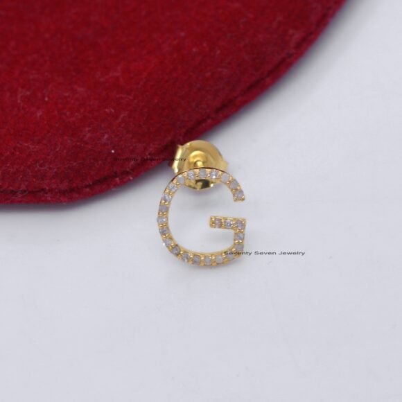 14K Gold Diamond Initial Studs, Gemstone Initial Studs - Image 4