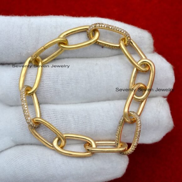 14K Gold Plated Pave Moissanite Link Bracelet, Gold Oval Link Chain Bracelet - Image 2