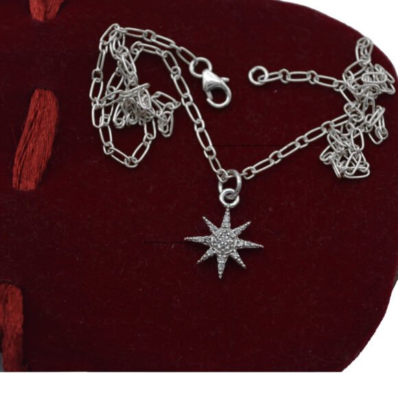 925 Silver Diamond Starburst Pendant, Starburst Pendant Necklace - Image 4