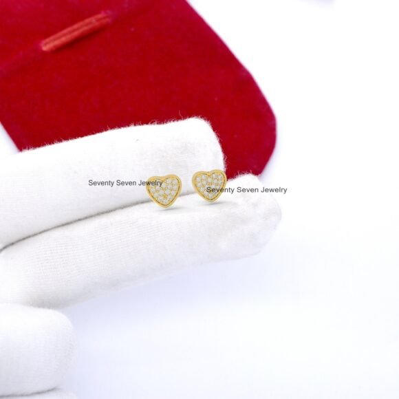 Solid 14K Gold Diamond Heart Studs, Minimalist Gemstone Heart Studs - Image 5