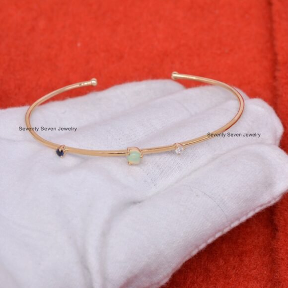 Diamond Woman's Cuff Bangle, Blue Sapphire With Opal Bangle - Image 5