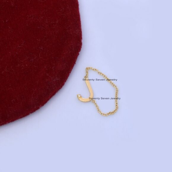 Solid 14K Gold Diamond Initial Ring, Personalized Gold Chain Ring - Image 7