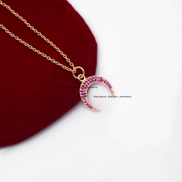 925 Silver Diamond Crescent Moon Pendant, Diamond Half Moon Pendant - Image 7