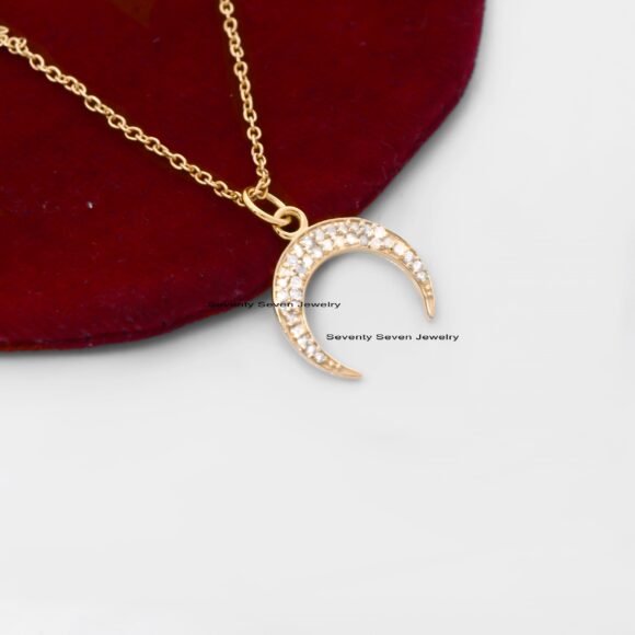 925 Silver Diamond Crescent Moon Pendant, Diamond Half Moon Pendant - Image 3