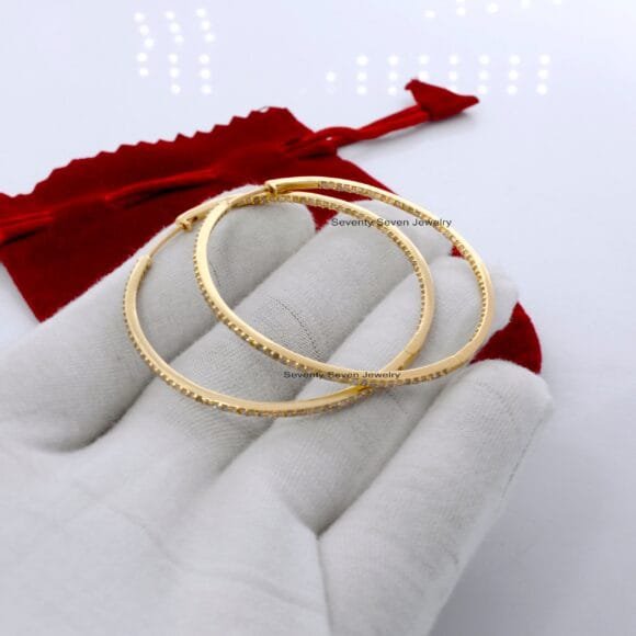 9K Gold Large Hoop Earrings, Gold Diamond Hoops
