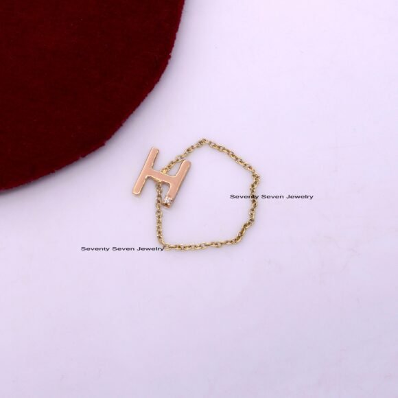 Solid 14K Gold Diamond Initial Ring, Personalized Gold Chain Ring - Image 4