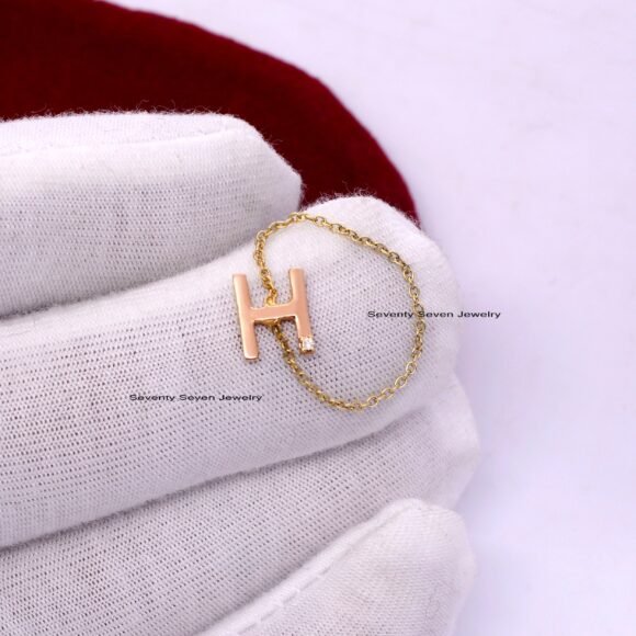 Solid 14K Gold Diamond Initial Ring, Personalized Gold Chain Ring - Image 2