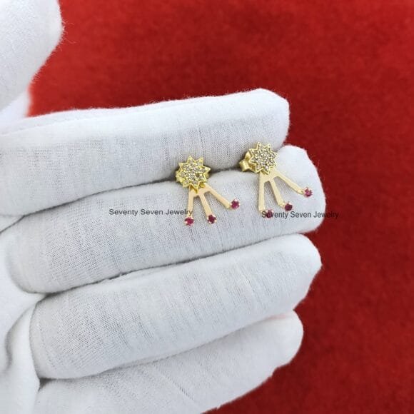 9K Gold Diamond Jackets Earrings, Gold Star Minimalist Earrings - Image 8