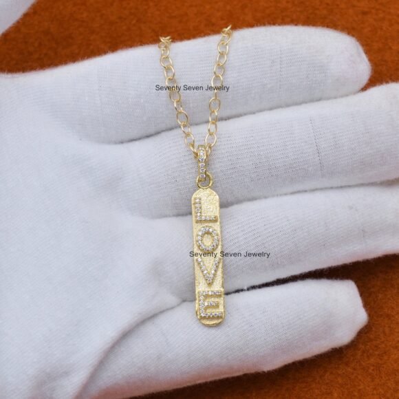 Diamond 925 Silver Love Vertical Charms, Diamond Love Bar Vertical Necklace - Image 7
