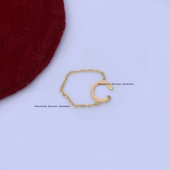 Solid 14K Gold Diamond Initial Ring, Personalized Gold Chain Ring - Image 6