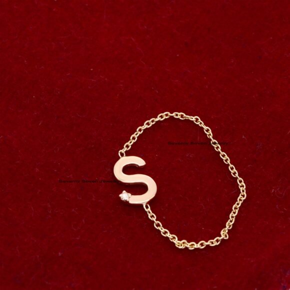 Solid 14K Gold Diamond Initial Ring, Personalized Gold Chain Ring - Image 9