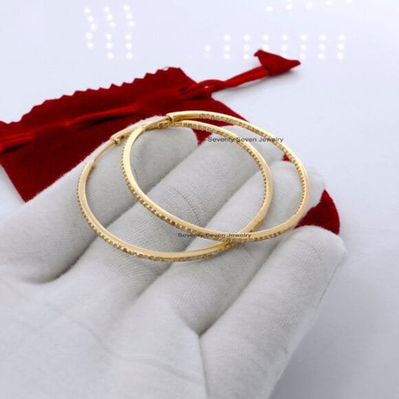 Large Round Hoop Earrings, Pave Diamond Hoop 14K Gold Earrings - Image 2