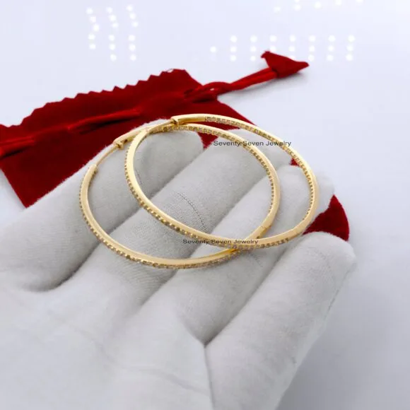 Large Round Hoop Earrings, Pave Diamond Hoop 14K Gold Earrings - Image 2