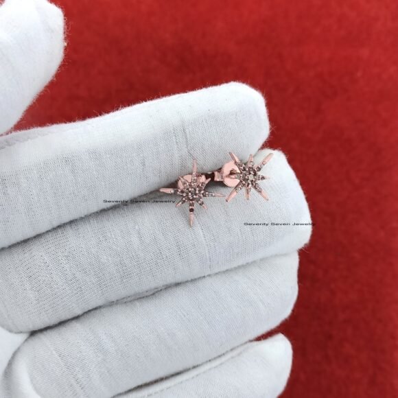 14k Gold Diamond Starburst Studs, Solid 14k Gold Earrings - Image 5