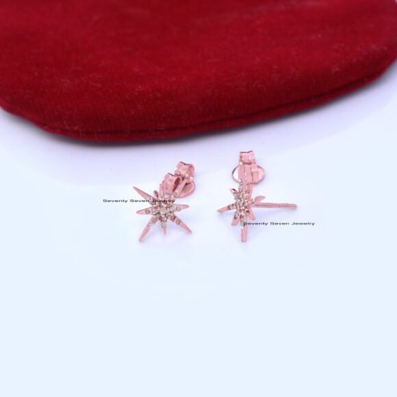 9K Solid Gold Pave Diamond Starburst Studs, Tiny Minimalist Studs - Image 8
