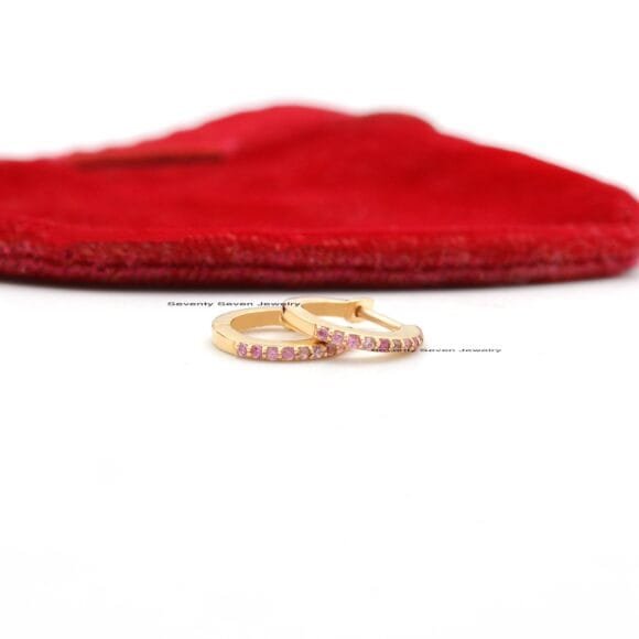 14K Gold Huggie Hoops Earrings, Gold Gemstone Huggies - Image 6