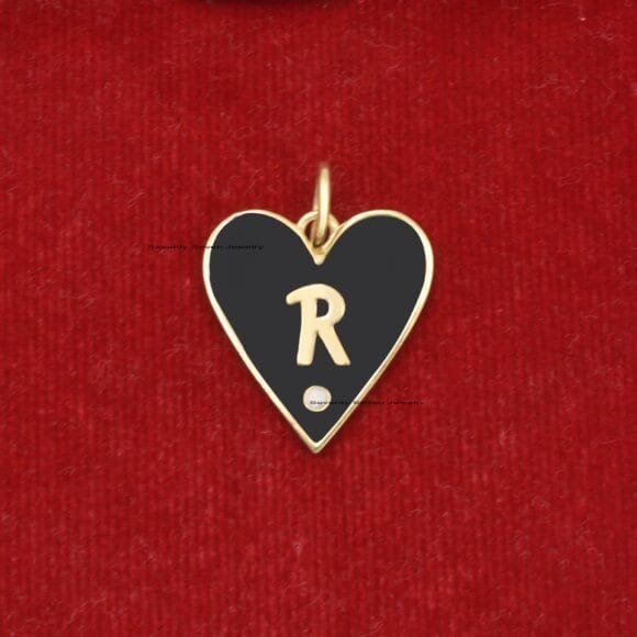 14k Gold Black Enamel Heart Pendant, Gold Enamel Letter Pendant - Image 9