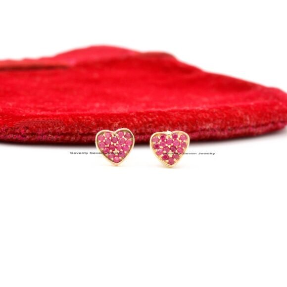 Solid 14K Gold Diamond Heart Studs, Minimalist Gemstone Heart Studs - Image 3