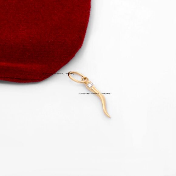 VS Diamond Italian Horn Charm Pendant, 9K Gold Cornicello Charm Pendant - Image 2