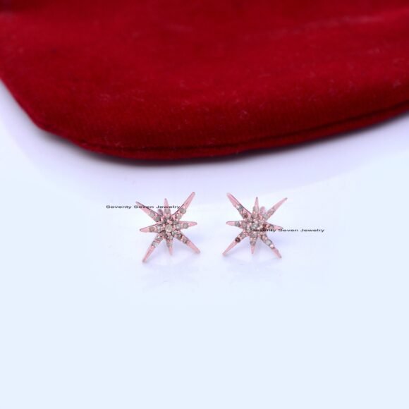 9K Solid Gold Pave Diamond Starburst Studs, Tiny Minimalist Studs - Image 6