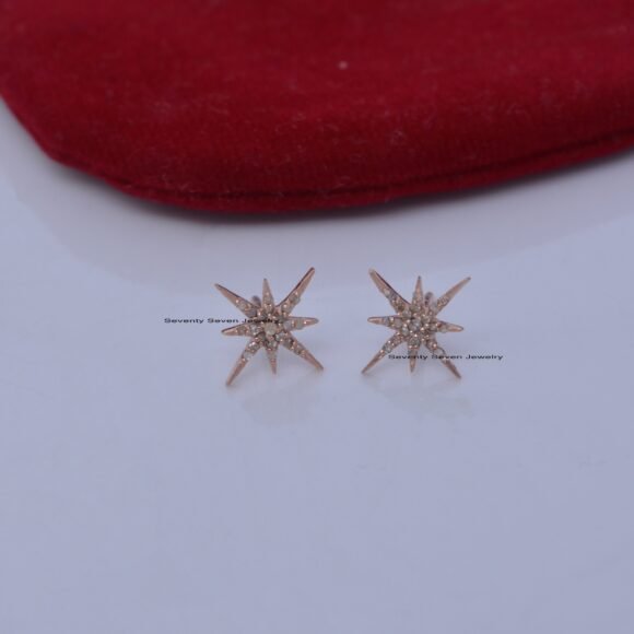 9K Solid Gold Pave Diamond Starburst Studs, Tiny Minimalist Studs - Image 4