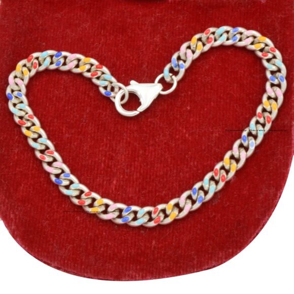 Silver Multi Color Curb Bracelet, Turquoise Curb Chain Bracelet