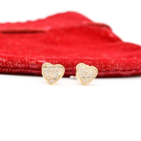 Solid 14K Gold Diamond Heart Studs, Minimalist Gemstone Heart Studs - Image 2