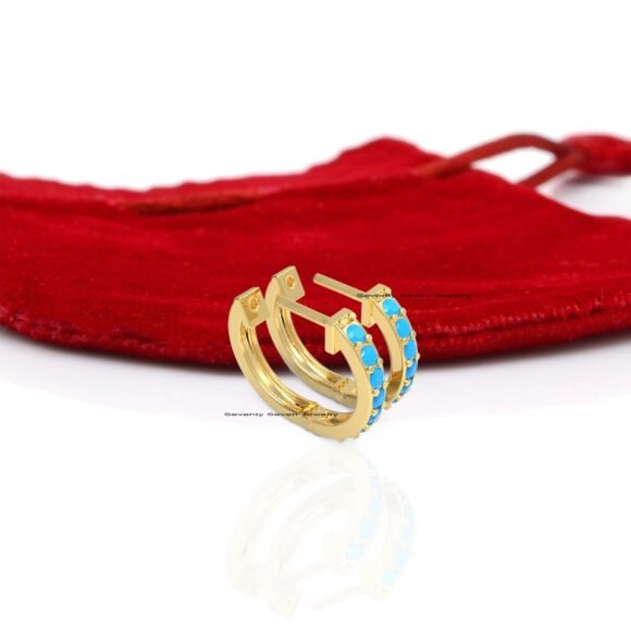 9K Gold Turquoise Huggies, 9K Diamond Huggies, 9k Gold Diamond Huggie Hoops - Image 7