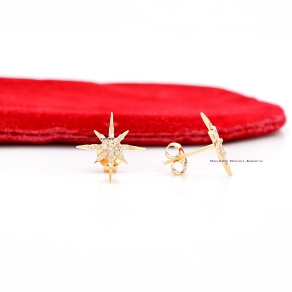 9K Solid Gold Pave Diamond Starburst Studs, Tiny Minimalist Studs