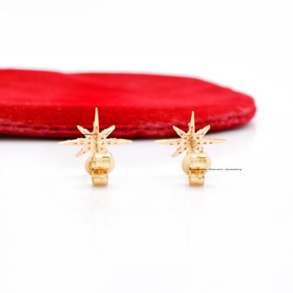 9K Solid Gold Pave Diamond Starburst Studs, Tiny Minimalist Studs - Image 5