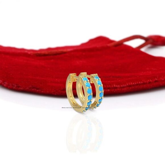 9K Gold Turquoise Huggies, 9K Diamond Huggies, 9k Gold Diamond Huggie Hoops - Image 6