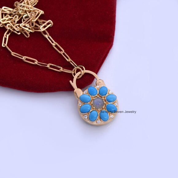 925 Silver Turquoise Flower Padlock, Gemstone Padlock