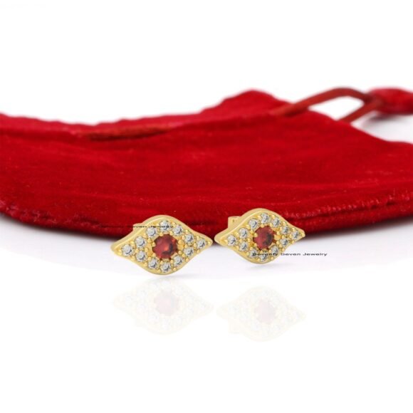 14k Gold Evil Eye Stud Earrings, Ruby Eye Studs, Diamond Evil Eyes Studs - Image 6