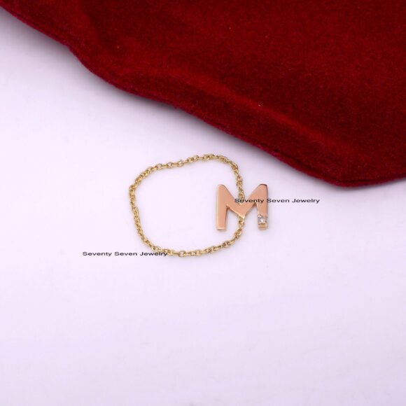 Solid 14K Gold Diamond Initial Ring, Personalized Gold Chain Ring - Image 3