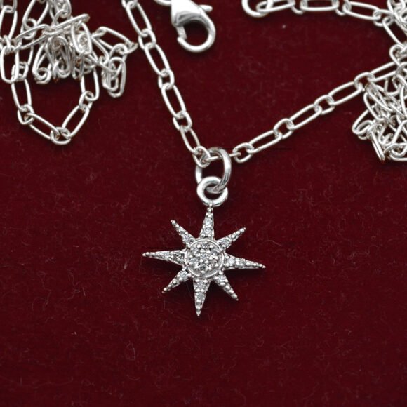 925 Silver Diamond Starburst Pendant, Starburst Pendant Necklace