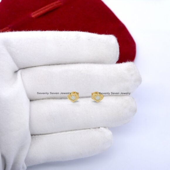 9k Gold Diamond Heart Studs, 9k Dainty Heart Stud - Image 3