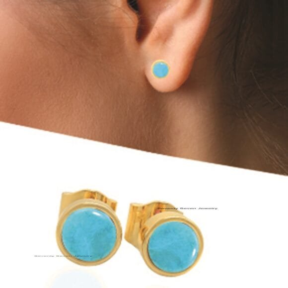Solid 14K Gold Turquoise Studs, 14k Round Turquoise Studs - Image 2