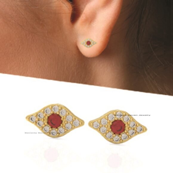 14k Gold Evil Eye Stud Earrings, Ruby Eye Studs, Diamond Evil Eyes Studs - Image 3