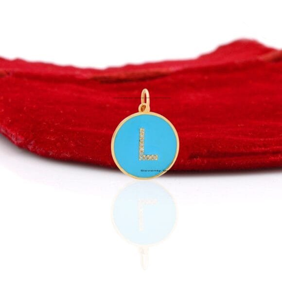 9K Solid Gold Enamel Initial Pendant, 9k Personalized Disc Enamel Pendant