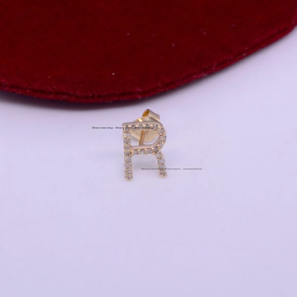 14K Gold Diamond Initial Studs, Gemstone Initial Studs - Image 2