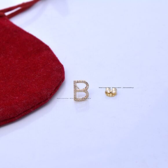 14K Gold Diamond Initial Studs, Gemstone Initial Studs - Image 8