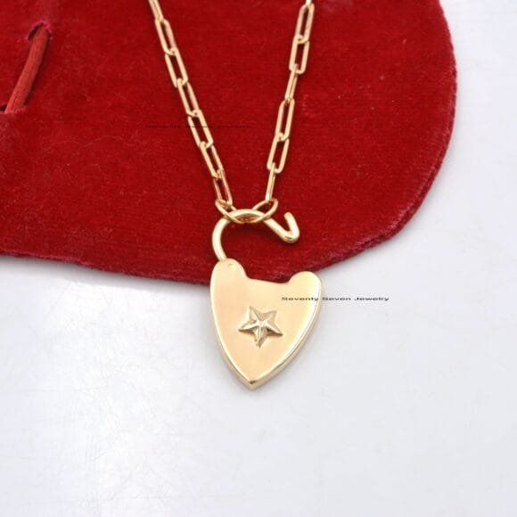 14K Solid Gold Heart Padlock, Gold Padlock Connector - Image 2