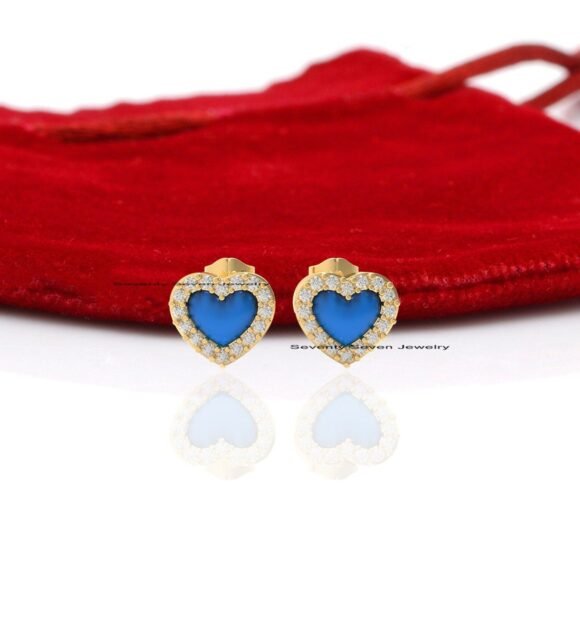 925 Silver Turquoise Heart Studs, Heart Stud Earrings