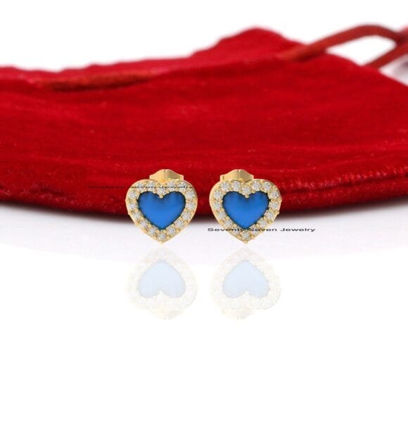 Solid 14K Gold Turquoise And Diamond Heart Studs, Pave Gemstone Heart Studs