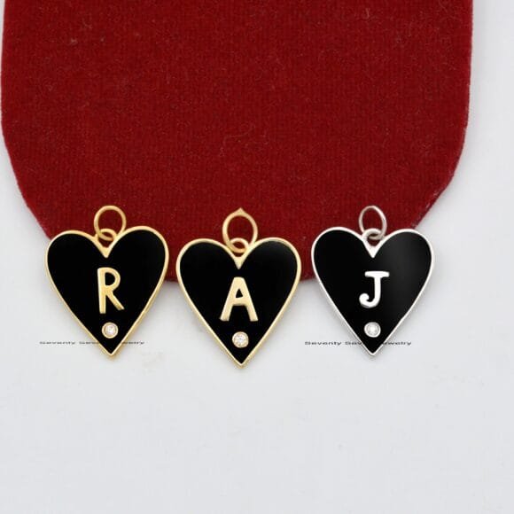 14k Gold Black Enamel Heart Pendant, Gold Enamel Letter Pendant - Image 4