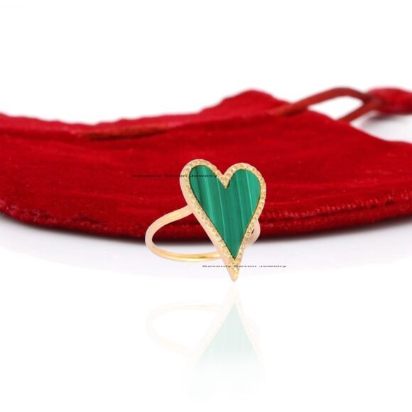 925 Silver Malachite Heart Ring, Pave Diamond Heart Ring - Image 4